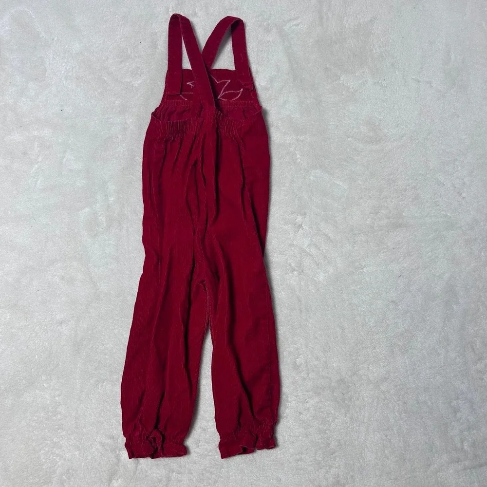 Vintage Sears Kids Corduroy Overalls Red Blue Flower Applique Large 32-36 pounds